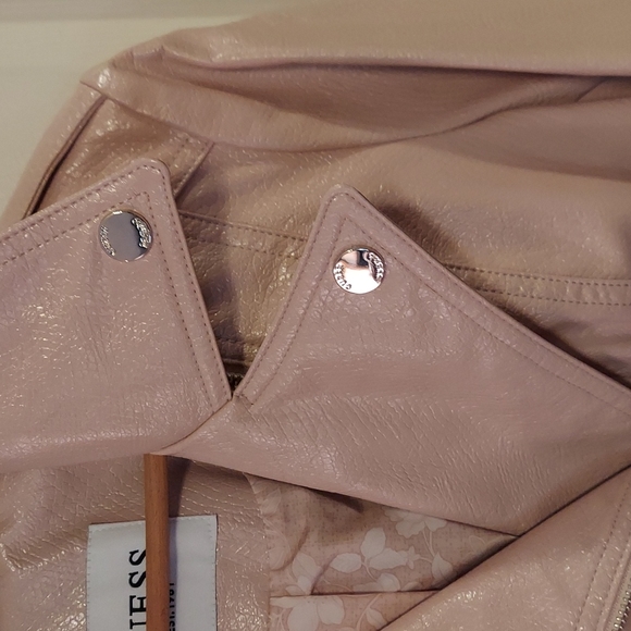 Guess Faux Leather Moto Jacket Snake Embossed Print Medium Pastel Pink - Picture 3 of 9